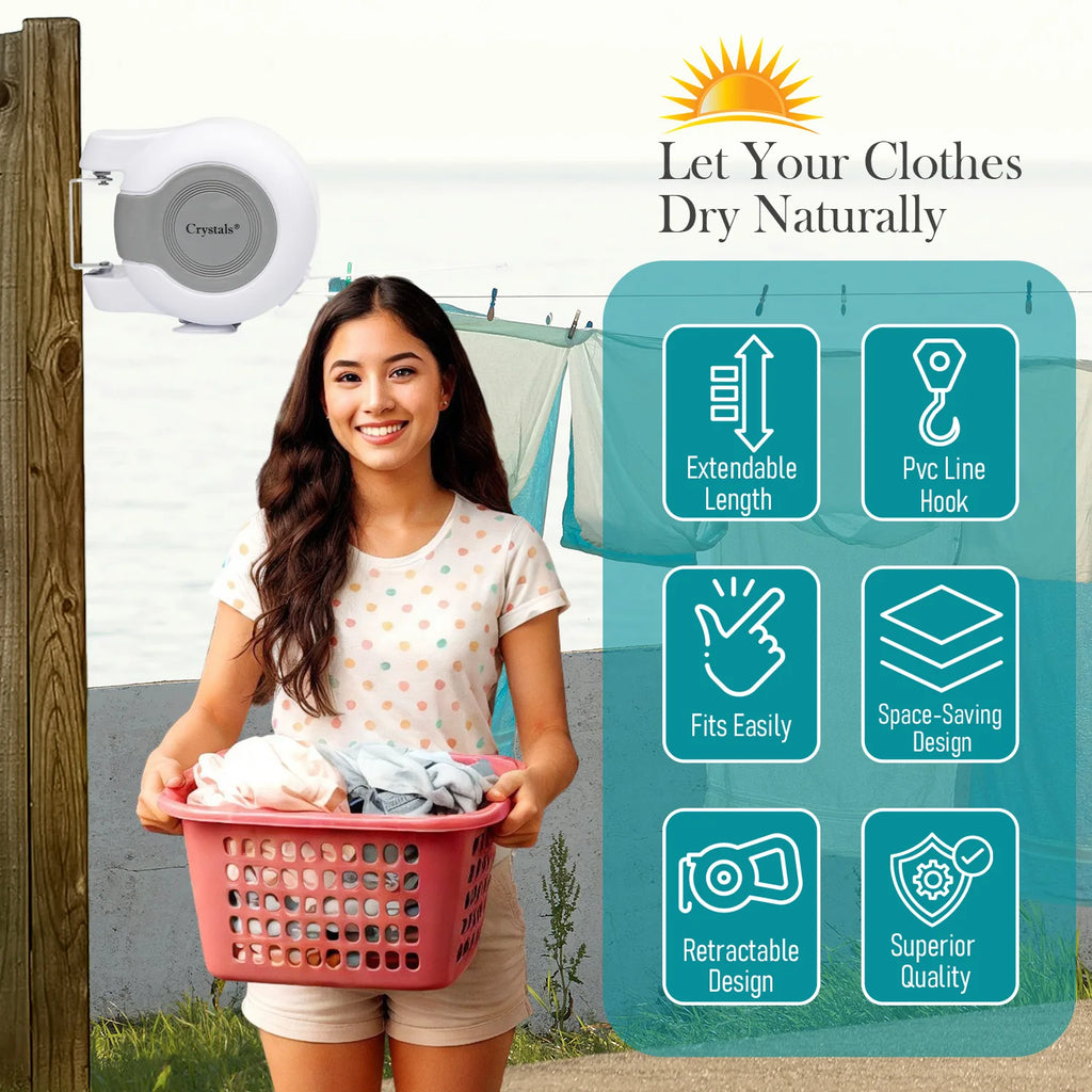 30m Retractable Clothes Reel Double Washing Line Wall Mounted Outdoor