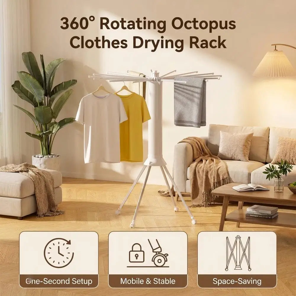 360° Rotating Octopus Clothes Drying Rack Foldable with Wheels Multifunctional Lightweight Portable Laundry Drying Hanger for Home Balcony Clothes Towel Rod