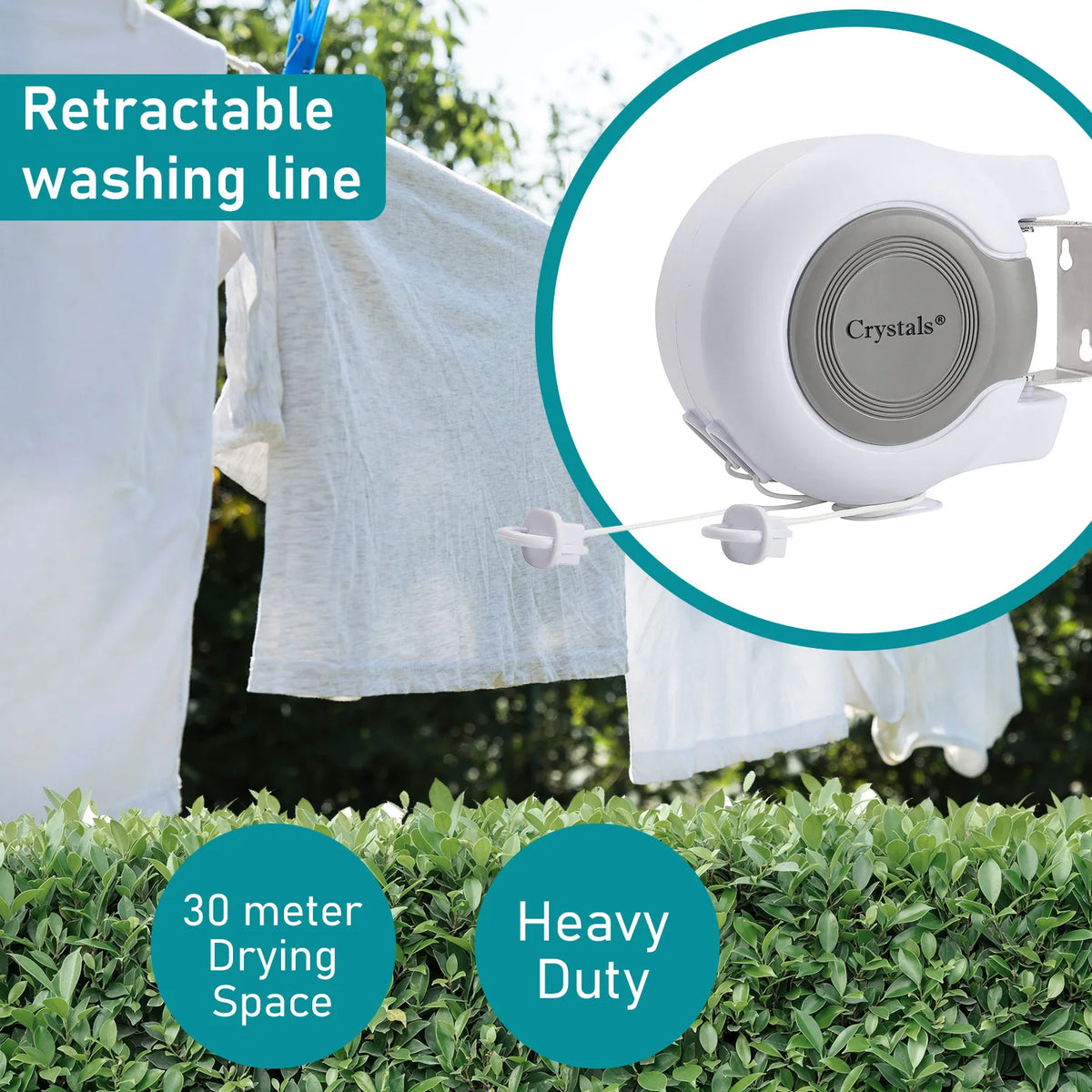 30m Retractable Clothes Reel Double Washing Line Wall Mounted Outdoor
