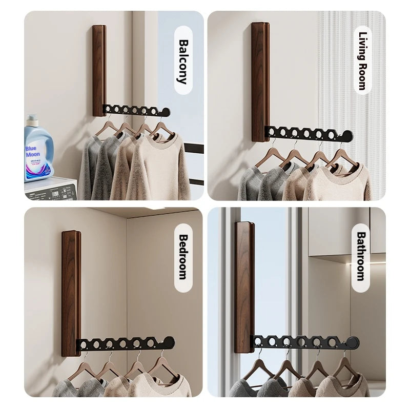 Wood Clothes Hanger  Wall Mounted Drying Rack, Collapsible Design, and Invisible Clothing Organizer for Efficient Space Saving