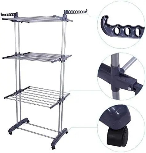 3 Tier Foldable Clothes Airer; 18 Rails Of Drying Space Plus 12 Hanging Hooks Suitable For Indoor Outdoor Use, Easy Move On Wheels, Space Saving Folding Wings.