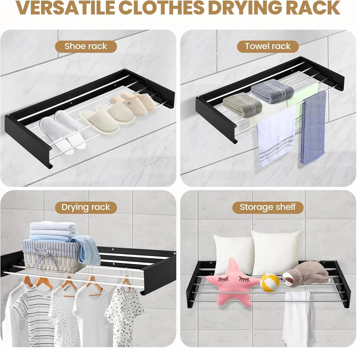 80cm Wall Mounted Laundry Drying Rack White Metal Clothes Drying Rack 5 Rods Space Saving Laundry Racks for Drying Towel Shoes
