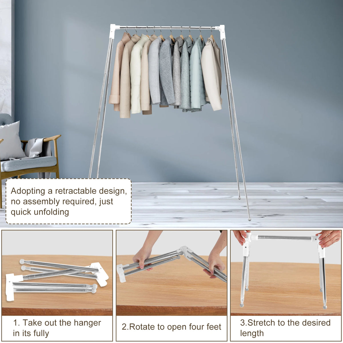 Clothes Drying Rack 53.5 Inch Folable Laundry Drying Rack Stretchable Clothes Drying Hanger with Non Slip Feet Stainless Steel