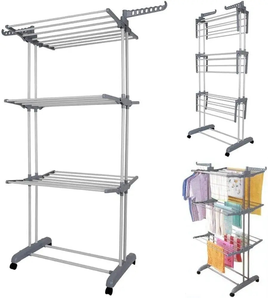 3 Tier Foldable Clothes Airer; 18 Rails Of Drying Space Plus 12 Hanging Hooks Suitable For Indoor Outdoor Use, Easy Move On Wheels, Space Saving Folding Wings.